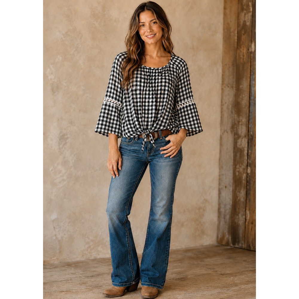 XL‎ Blouse Black & White Gingham 3/4 Bell Sleeve Cottagecore cowgirl Western